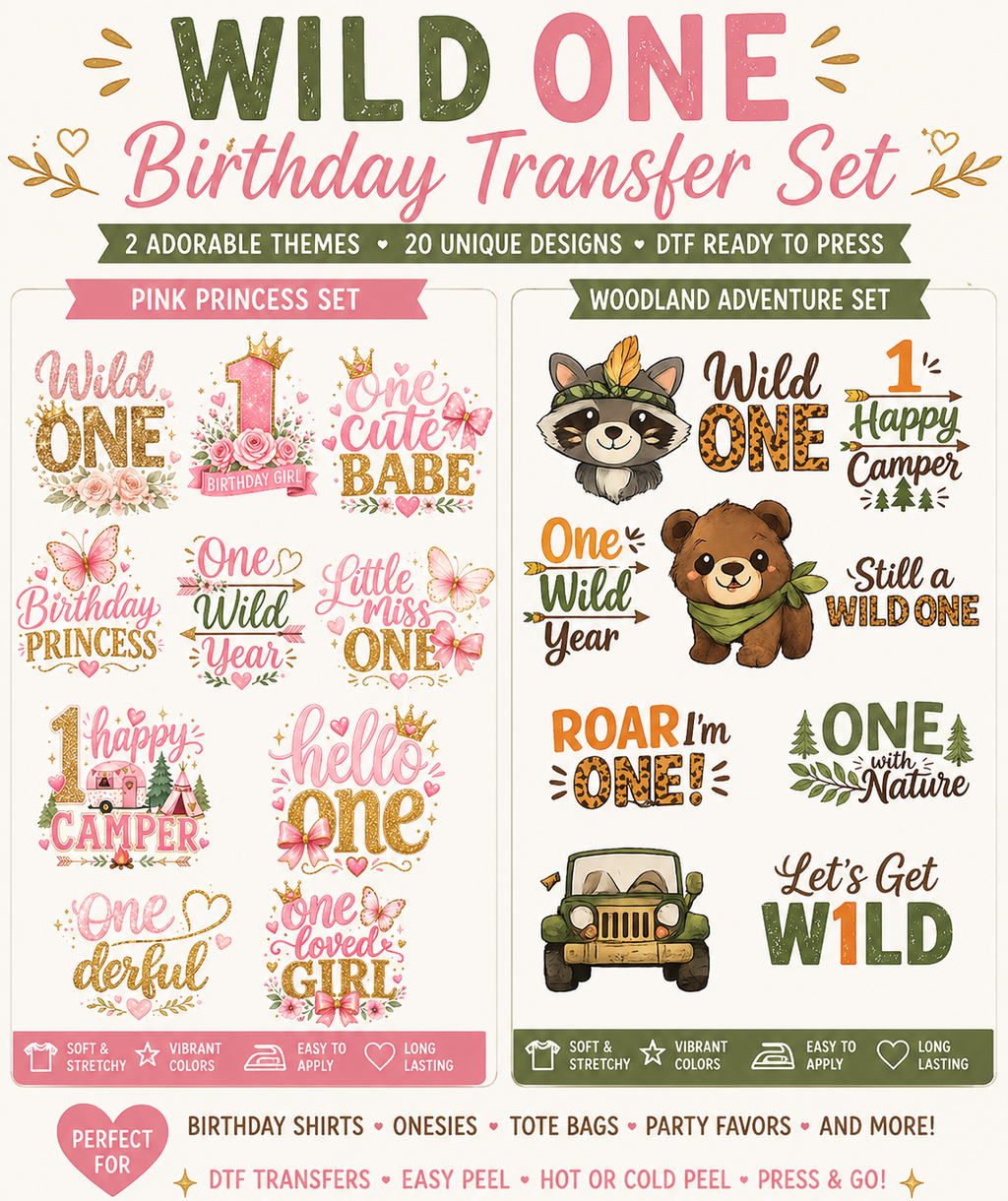 Wild One First Birthday Transfer Set -Jungle Animal First Birthday Shirt Iron-ons