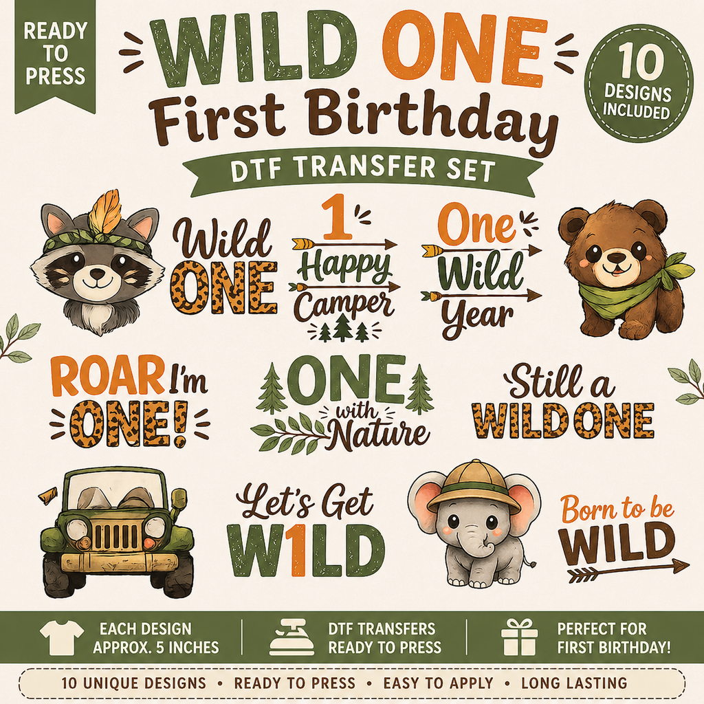 Wild One First Birthday Transfer Set -Jungle Animal First Birthday Shirt Iron-ons