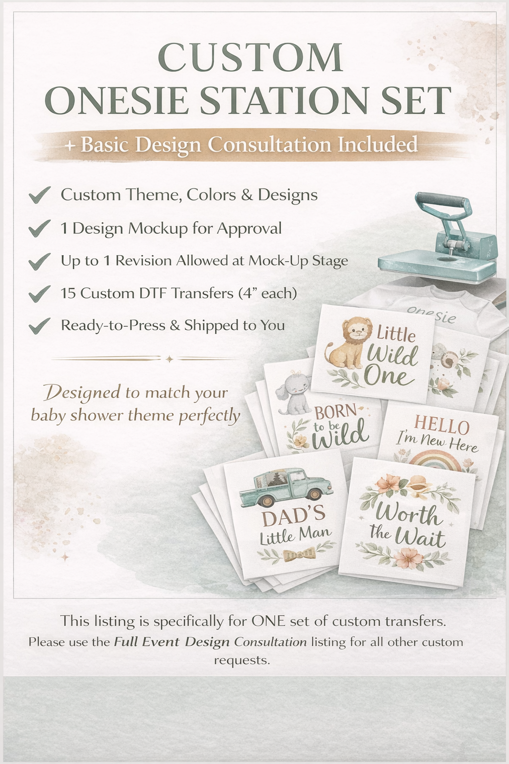 Custom Onesie Station Transfer Set + Basic Design Consultation (15 Transfers Included)
