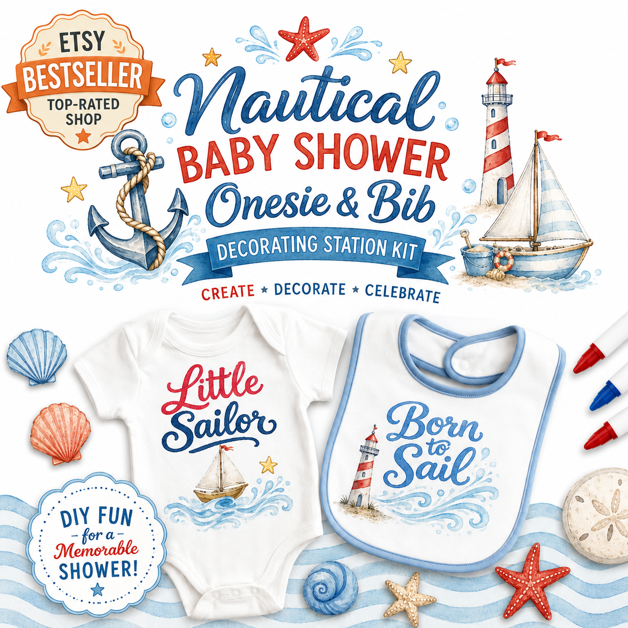 Nautical Baby Shower Onesie Station Kit -15 iron on transfers