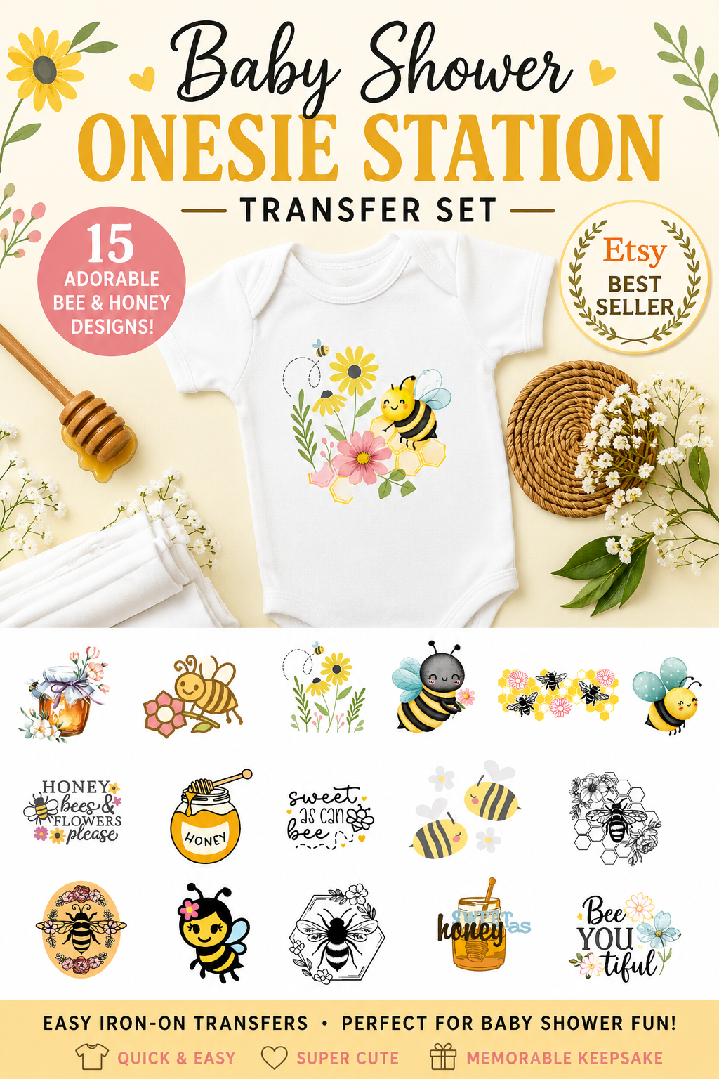 Bee & Honey Themed Baby Shower Onesie Station Transfer Set